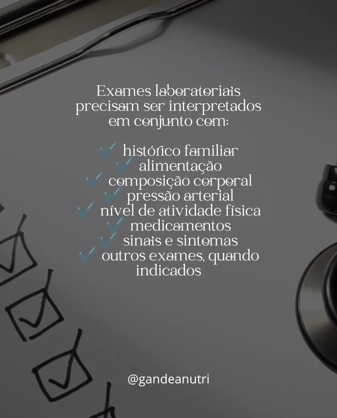 Post educativo da nutricionista Tatiane Gandea: Exames em conjunto
